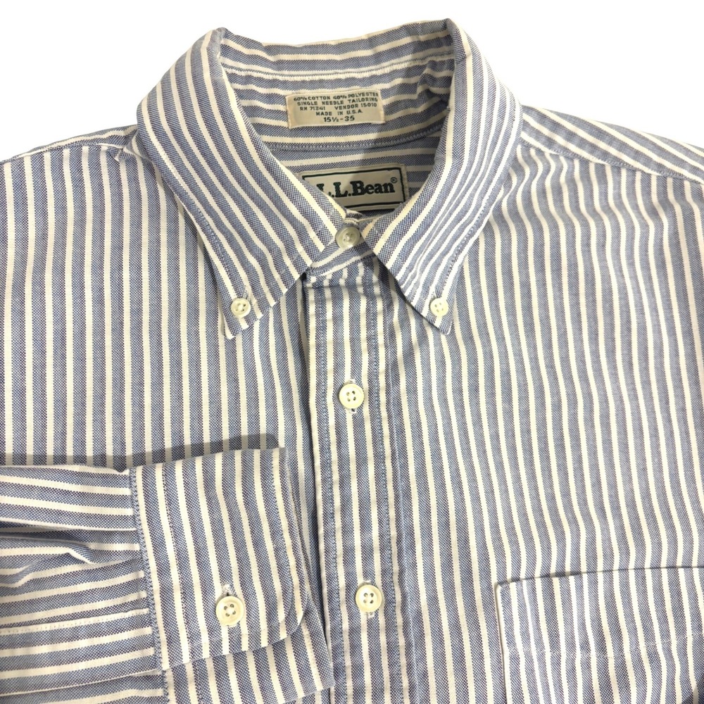 L.L. Bean Oxford Shirt Men M Blue Gray White Striped Button Down Coastal Preppy
